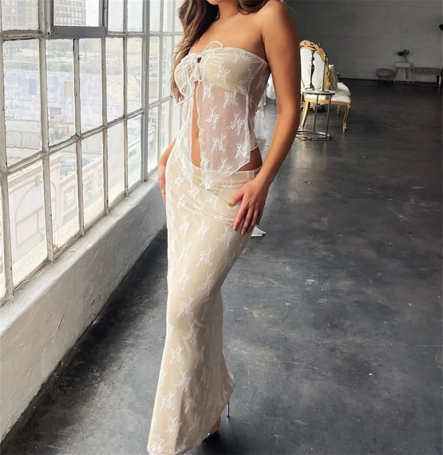 Yuemengxuan Women Going out Maxi Skirts Set Low Cut Lace Trim Cami Top Crop Top High Waist Bodycon Maxi Skirt 2Pcs Outfits
