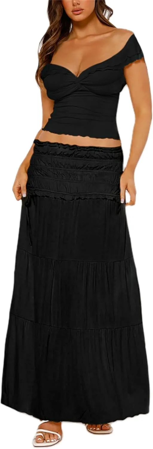 Yuemengxuan Women Going out Maxi Skirts Set Low Cut Lace Trim Cami Top Crop Top High Waist Bodycon Maxi Skirt 2Pcs Outfits