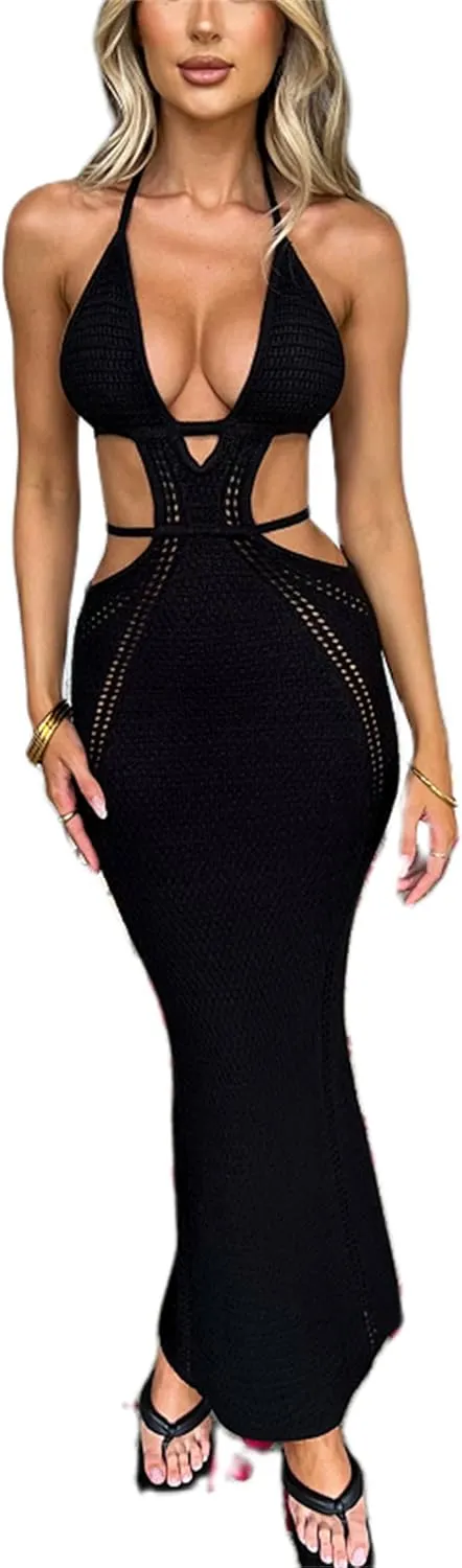 Yuemengxuan Women Sexy Backless Lace up Maxi Dress Elegant Spaghetti Strap Hollow Out Long Dress Party Streetwear