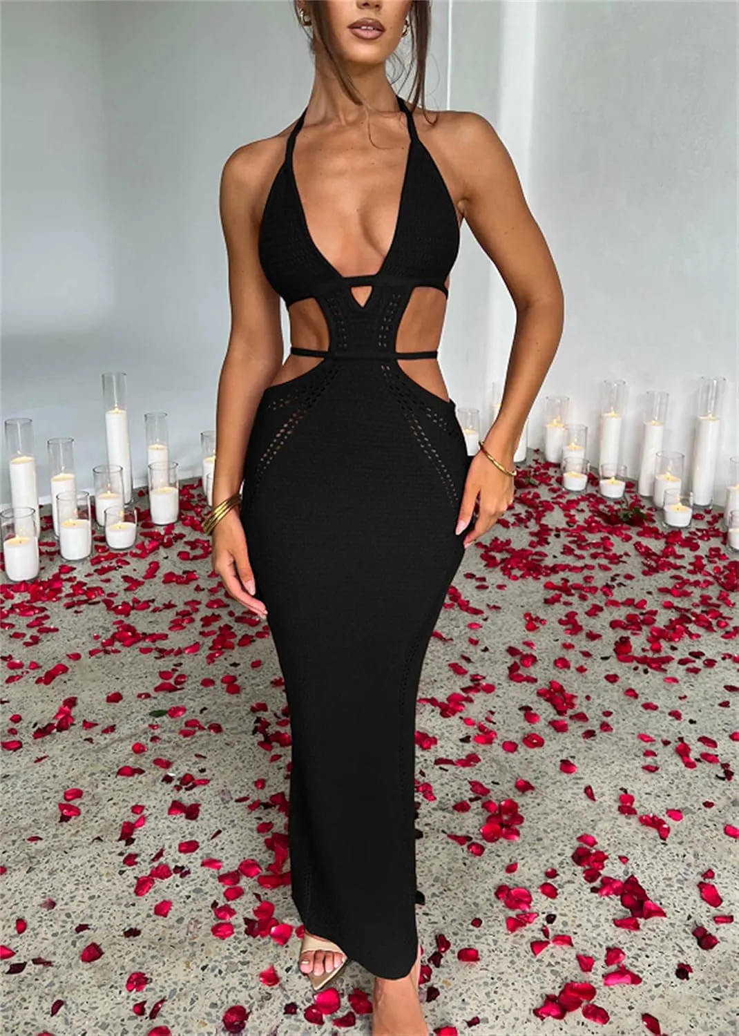 Yuemengxuan Women Sexy Backless Lace up Maxi Dress Elegant Spaghetti Strap Hollow Out Long Dress Party Streetwear