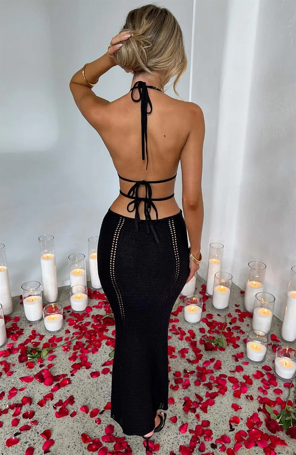 Yuemengxuan Women Sexy Backless Lace up Maxi Dress Elegant Spaghetti Strap Hollow Out Long Dress Party Streetwear
