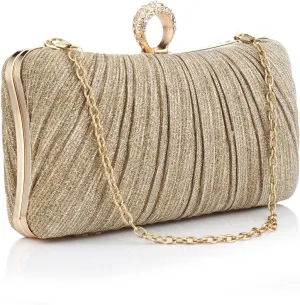 YYW Evening Handbag Women Gold Glitter Clutch Purse Pleated Wedding Clutch for Bridal Wedding Party
