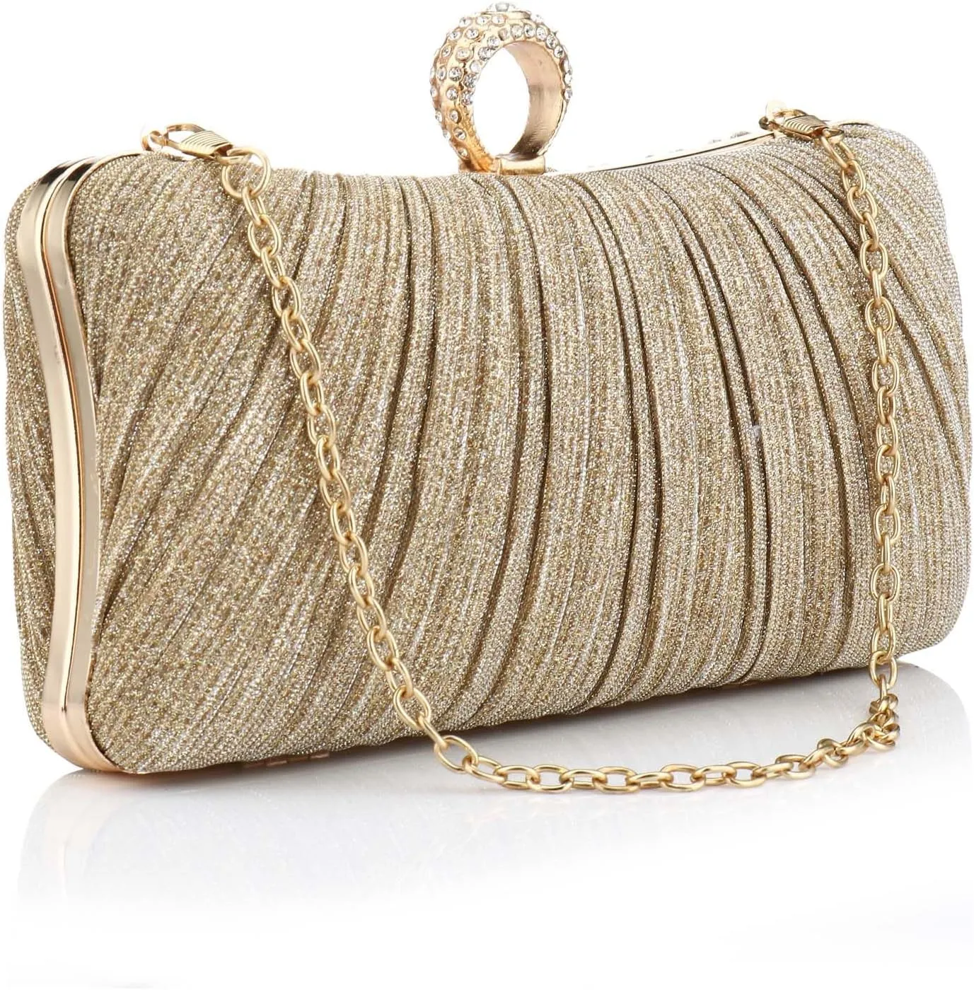 YYW Evening Handbag Women Gold Glitter Clutch Purse Pleated Wedding Clutch for Bridal Wedding Party