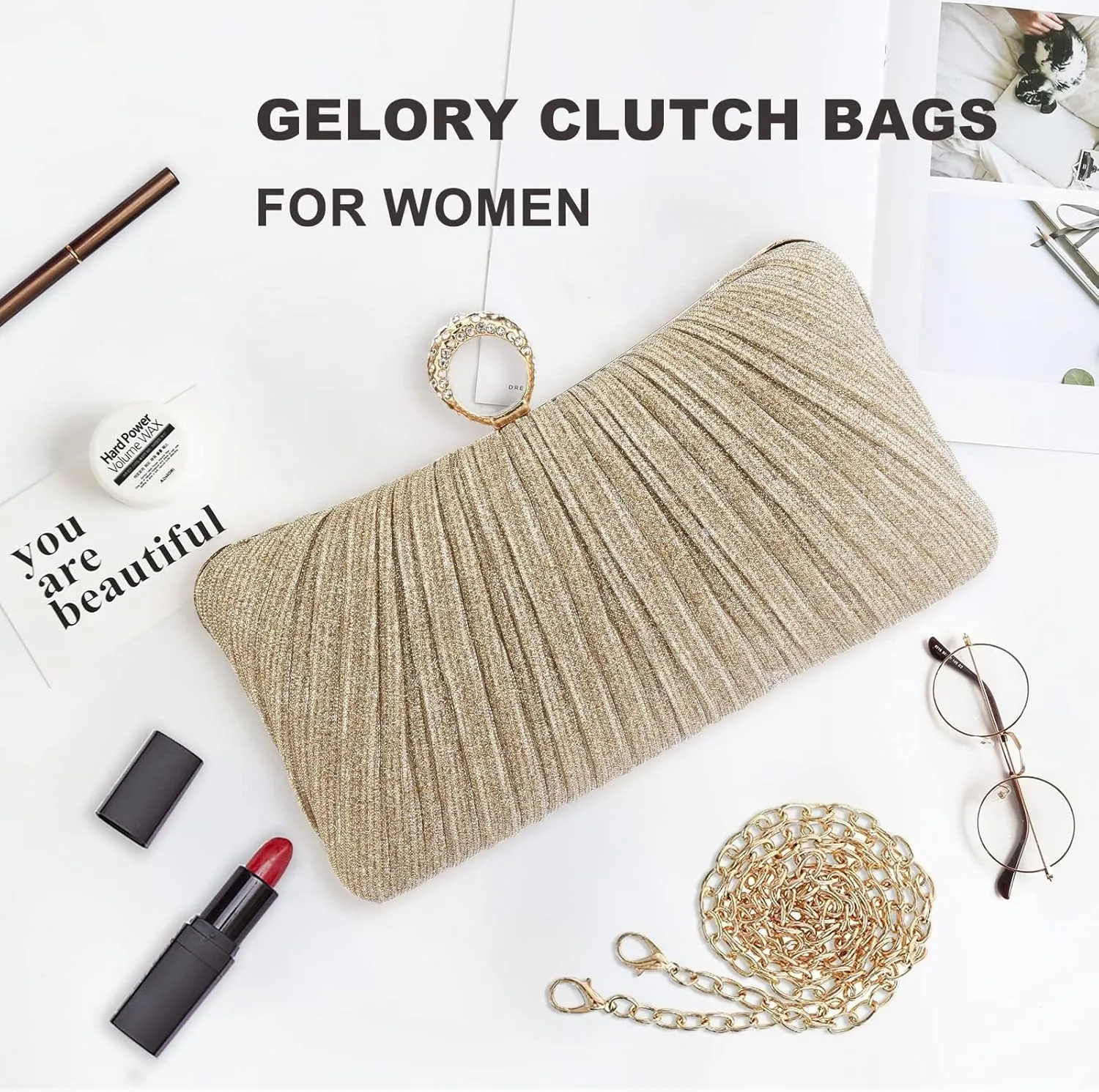 YYW Evening Handbag Women Gold Glitter Clutch Purse Pleated Wedding Clutch for Bridal Wedding Party