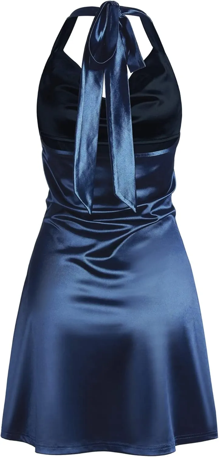 ZAFUL Women Halterneck Satin Mini Dress Sexy Cowl Neck Silky Party Cocktail Club Dress