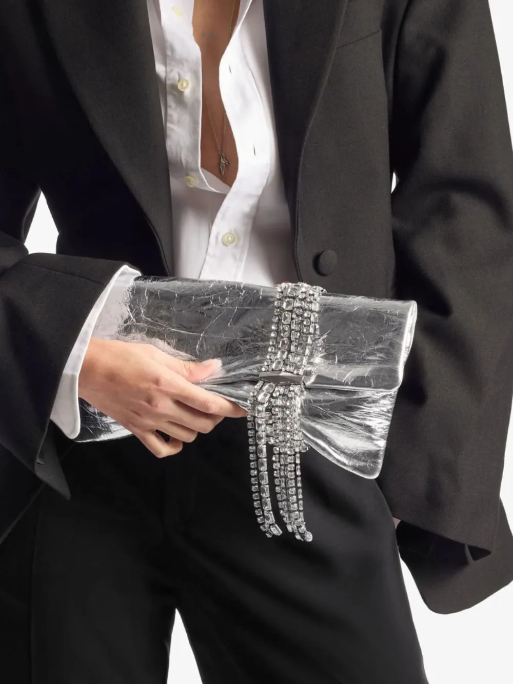 Zandra Silver Vintage Metallic Leather Clutch Bag