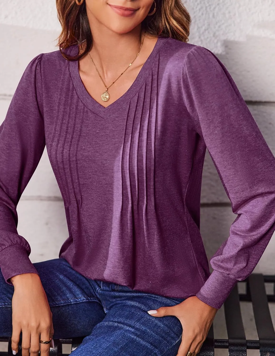 Zeagoo Women's Puff Long Sleeve Shirts Pleated V Neck Fall Tunic Tops Blouse Dressy Casual Loose Summer T-Shirts