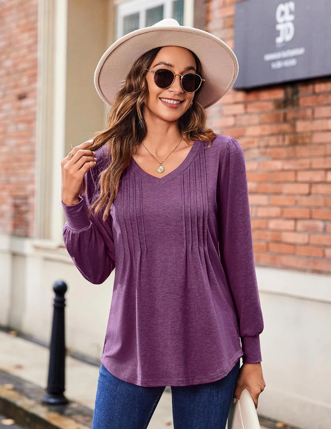 Zeagoo Women's Puff Long Sleeve Shirts Pleated V Neck Fall Tunic Tops Blouse Dressy Casual Loose Summer T-Shirts