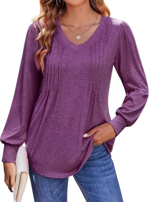 Zeagoo Women's Puff Long Sleeve Shirts Pleated V Neck Fall Tunic Tops Blouse Dressy Casual Loose Summer T-Shirts