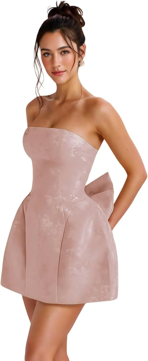 ZGMYC Jacquard Satin Homecoming Dress with Bow Elegant Strapless Mini Dress A Line Short Prom Dresses Party Gown