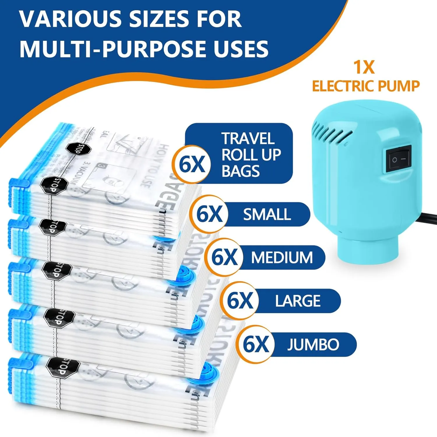 ZPP Vacuum Storage Bags with Electric Pump, 30 Pack (6 Jumbo, 6 Large, 6 Medium, 6 Small, 6 Roll Up Bags) Vacuum Seal Bags for Clothes, Mattress, Blanket, Comforters, Travel, Moving