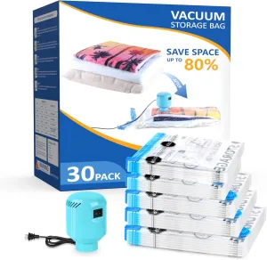 ZPP Vacuum Storage Bags with Electric Pump, 30 Pack (6 Jumbo, 6 Large, 6 Medium, 6 Small, 6 Roll Up Bags) Vacuum Seal Bags for Clothes, Mattress, Blanket, Comforters, Travel, Moving